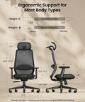 EC200 Ergonomic Office Chair With High Back Mesh Lumbar Support 3D Adjustable Headrest in black, front and side view