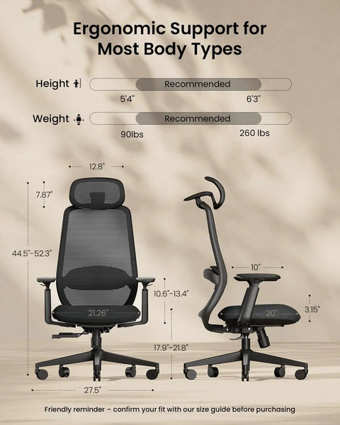 EC200 Ergonomic Office Chair With High Back Mesh Lumbar Support 3D Adjustable Headrest in black, front and side view