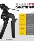 Beefy 304 Stainless Steel Cable Tie Gun Kit With specifications on size, weight, and capacity shown in diagram
