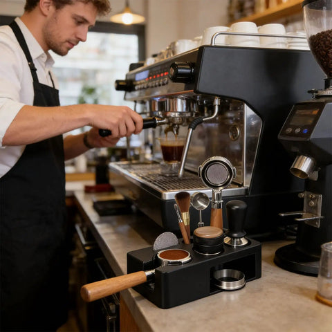 Solid Coffee Tamper Holder Built From Shock Absorbent Abs Material For No Fuss Daily Brewing Portable Countertop Tamping Station in use.