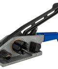 Heavy Duty Poly Strapping Tensioner For One Half To Three Quarters Inch Polypropylene And PET Belts Tough As Nails Hand Tool For Packing And Pallet Work Quick Tension And Secure Holds Made In USA Blue And Gray Finish EP 1150 showing tensioner mechanism