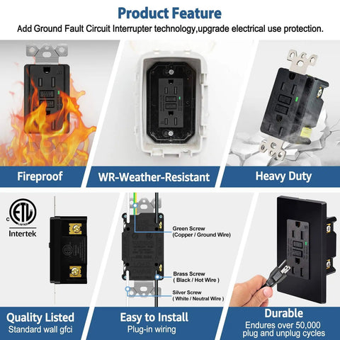 Black GFCI Outlet 15 Amp Weather Resistant Electrical Receptacle With Decorator Screwless Plate ETL Listed 125 Volt features