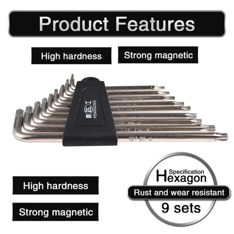 Long Arm Torx Hex Key Set With 9 Sizes T6 T7 T8 T9 T10 T15 T20 T25 T27 displayed with black hinged case