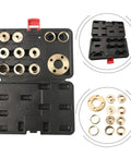 Badass 11 Piece Brass Router Guide Bushing Kit With Eight Sizes Lock Nuts And Template Adapter inside black case displaying brass bushings.