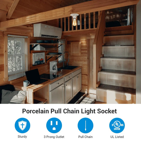 Porcelain Pull Chain Light Socket With Grounded Outlet, E26 E27 Base in wooden room setting, UL Listed, easy install, no fuss setup