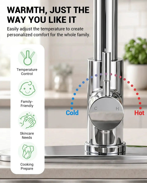 Jlerli Pull-Down Kitchen Faucet, High Arc, Brushed Nickel, 3-Modes Sprayer with temperature control dial.