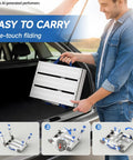 Foldable Aluminum Step Stool For Adults Portable Work Platform That Supports Up To 440 Pounds One Click Folding For Easy Storage Safe And Stable Rust Resistant Construction Great For Home Garage And Shop Tasks, man carrying folded stool