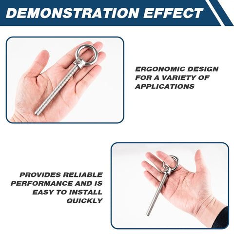 Holding a Metric M10 Eye Bolt, heavy-duty stainless steel, 3/8 in by 4 in with shoulder and nut, for swing basket and lifting use.