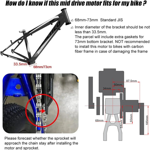 BBSHD Mid Drive Ebike Conversion Kit 48V 52V 500W 750W 1000W diagram for bike frame compatibility