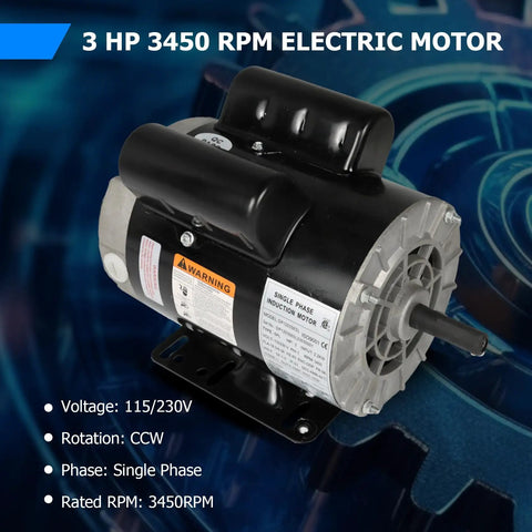 Three Horsepower Workhorse Electric Motor 3450 RPM 56 Frame Single Phase 115 230V CCW Rotation Five Eighth Inch Shaft