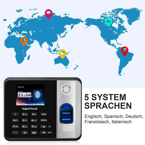 Real Deal Offline Time Clock For Small Business Crews Effortless Hours Tracking And Quick Usb Exports modern design with fingerprint scanner and colorful world map background.