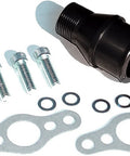 No Stress High Flow Electric Water Pump For Small Block Chevy V8 Builds with black fitting, bolts, and gaskets for installation.