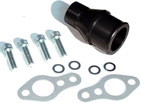 No Stress High Flow Electric Water Pump For Small Block Chevy V8 Builds with black fitting, bolts, and gaskets for installation.