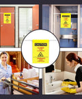Double Sided Restroom Closed For Cleaning Sign With Telescopic Stand And High Viz Yellow Panel Bilingual English Spanish Floor Board For Quick No Sweat Setup And Everyday Janitorial Jobs displayed in various cleaning scenarios.