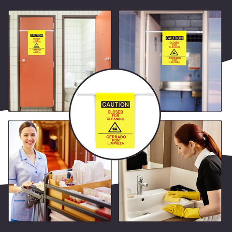 Double Sided Restroom Closed For Cleaning Sign With Telescopic Stand And High Viz Yellow Panel Bilingual English Spanish Floor Board For Quick No Sweat Setup And Everyday Janitorial Jobs displayed in various cleaning scenarios.