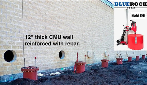 Tough As Nails 25 Inch Concrete Core Drill With 5000W Two Speed Diamond Coring Rig near 12" CMU wall with holes.