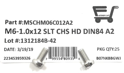 Shop Grade M6 X 12 Millimeter Stainless Steel Slotted Cheese Head Machine Screws with part label and two screws visible.