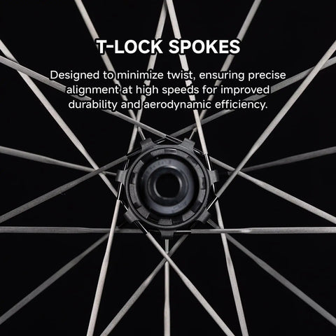 Detail of T-LOCK spokes on Gravel Road Carbon Wheelset 700C Ultralight Disc Clincher Tubeless Ready 35mm or 45mm depth.