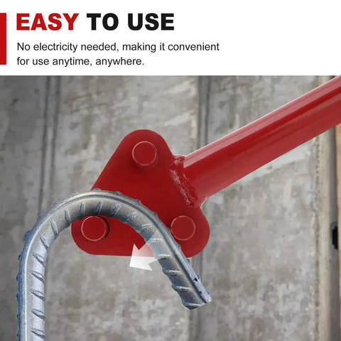 Heavy Duty Manual Rebar Bender For 5/8 Inch Steel Rod showing leverage mechanics bending a steel rod easily.