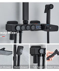 RIBEUJIZS Digital Shower System, Black Themostatic Digital Display Shower Faucet with 4-way mixer and controls.