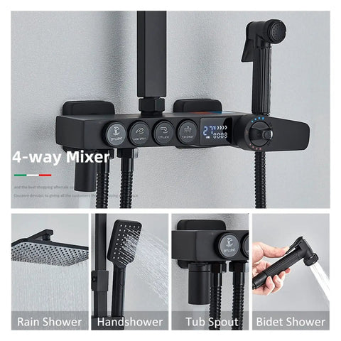 RIBEUJIZS Digital Shower System, Black Themostatic Digital Display Shower Faucet with 4-way mixer controls and rainfall options.