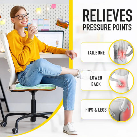 Woman sitting on chair using Gel Memory Foam Chair Cushions Set Of Four With FadeShield Water And Stain Resistant Finish, indoor use