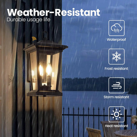 Two Light Outdoor Wall Sconce In Matte Black And Gold Finish With Clear Glass Weather Resistant Aluminum Exterior Lantern For Patio Porch Lighting Easy Install Open Bottom For Quick Bulb Change Includes Mounting Hardware 40W Max. showcasing durability in rain with icons