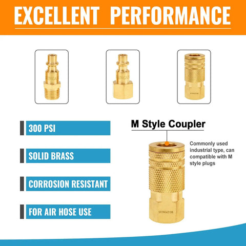 Eight Pack One Quarter Inch NPT Air Fittings Kit With Solid Brass Quick Connect Couplers And Plugs, showing M Style coupler