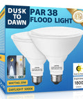 2 Pack LED PAR38 Dusk To Dawn Flood Light Bulbs For Outdoor Use, 20W 200W Equivalent, E26 Base, 5000K Daylight, 1800 Lumens