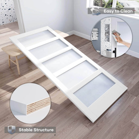36x84 Inch Glass Sliding Barn Door Slab With 6.6 Ft Hardware Kit Included Five Frosted Glass Panes LVL Wood Core Covered In White Waterproof Scratch Proof PVC Surface Built To Last And A Snap To Install For A Clean Modern Look shown horizontally with cross-section and clean feature