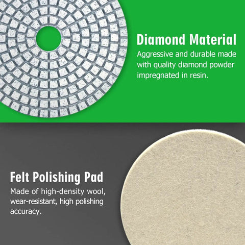 4 Inch Diamond Polishing Pads Kit With 5 8 11 Backer Pad 12 Pcs Wet Dry Granite Marble Concrete Quartz Polishing Pads Range 50 6000 Grit For Drill Grinder Polisher Pro Grade showing diamond and felt pads