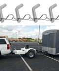 Four Pack Steel Trailer Hitch Pin And Clip With Grooved Head Fits 2 Inch Or 2 And A Half Inch Receivers 5/8 Inch Diameter Towing Pin For Beefy Hauling Easy Install And Rock Solid Attachment On Your Trailer shown above a hitched trailer.