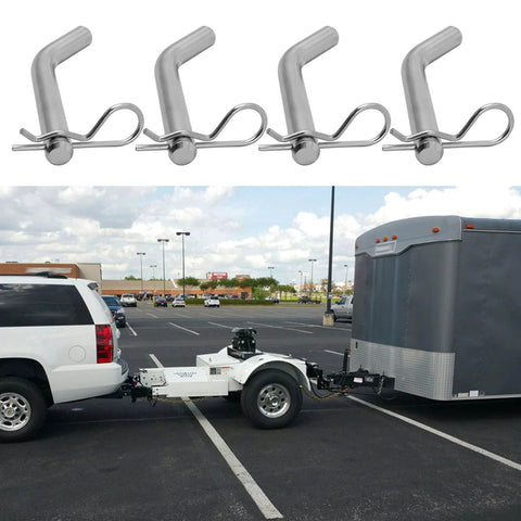 Four Pack Steel Trailer Hitch Pin And Clip With Grooved Head Fits 2 Inch Or 2 And A Half Inch Receivers 5/8 Inch Diameter Towing Pin For Beefy Hauling Easy Install And Rock Solid Attachment On Your Trailer shown above a hitched trailer.