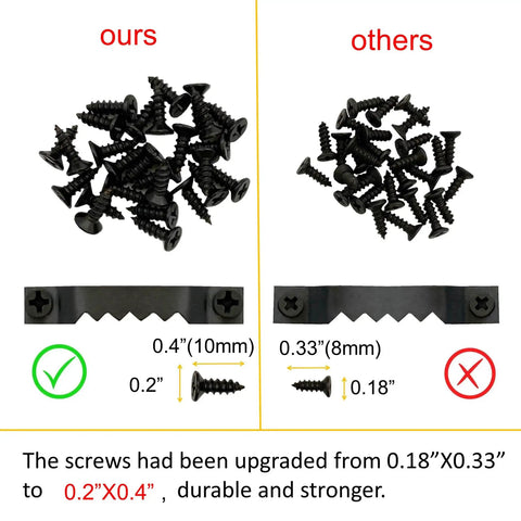 Comparison of Steel Sawtooth Picture Hangers With Screws 50 Pack, highlighting upgraded screw size and durability