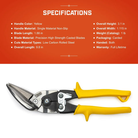 9.8 Inch Offset Straight Aviation Snips M8OS With Beefy Construction and Non Slip Serrated Jaw, shown against specification backdrop