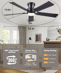 Black Flush Mount Ceiling Fan With Lights in living room, 52-inch, low profile design, ideal for indoor or outdoor use.