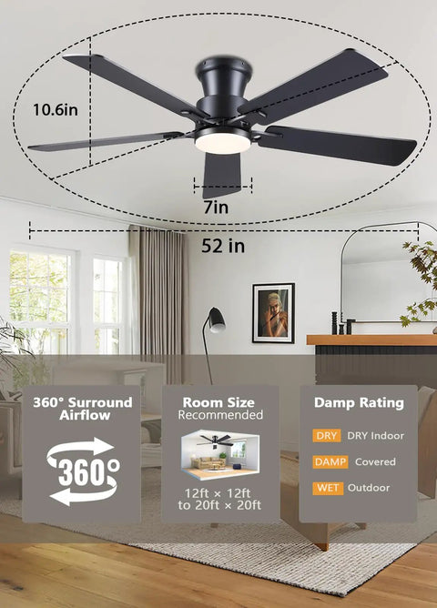 Black Flush Mount Ceiling Fan With Lights in living room, 52-inch, low profile design, ideal for indoor or outdoor use.