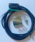 Compact diffuse photoelectric sensor with background suppression, sensing range 5 to 350 mm, shown with mounting bracket and screws.