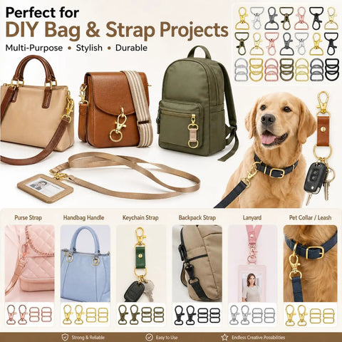 Killer Metal Bag Hardware Kit Featuring Twenty One D Rings Fourteen Swivel Snap Hooks And Twenty One Slide Buckles For Leather Stitching And Purse Making Crafts with various straps and bags