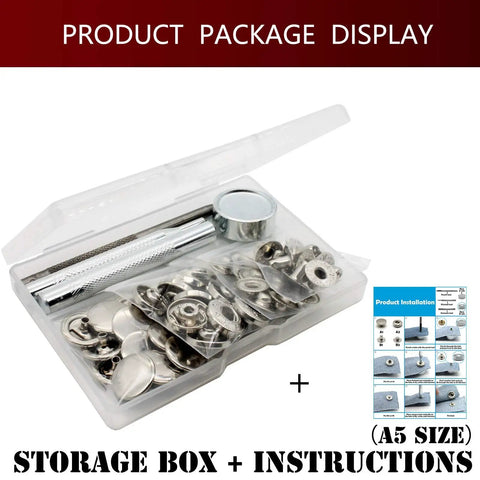 Product package display of Premium Brass Metal Snap Buttons Fastener Kit With Heavy Duty Tools Silver 15mm in storage box.