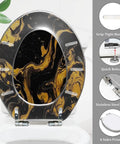 Elongated Resin Toilet Seat for Bathroom with gold and black marble design, features grip-tight bumpers and quick release hinges.