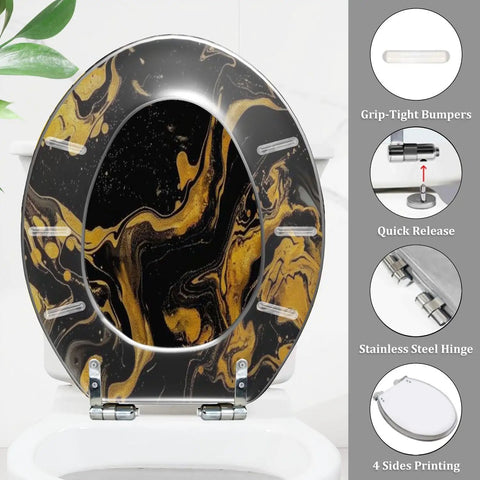 Elongated Resin Toilet Seat for Bathroom with gold and black marble design, features grip-tight bumpers and quick release hinges.