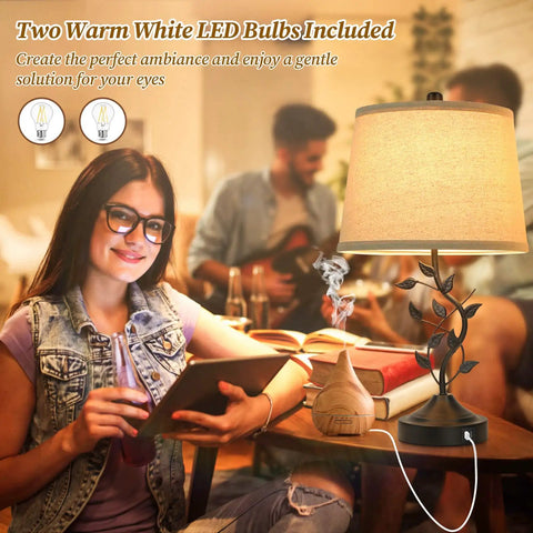 3 Way Dimmable Touch Table Lamps Set Of 2 For Living Room And Bedroom With USB Charging Ports Bedside Nightstand Reading Lamps Vintage Vine Design Bulbs Included Retro End Table Office Lighting on table with person reading and diffuser