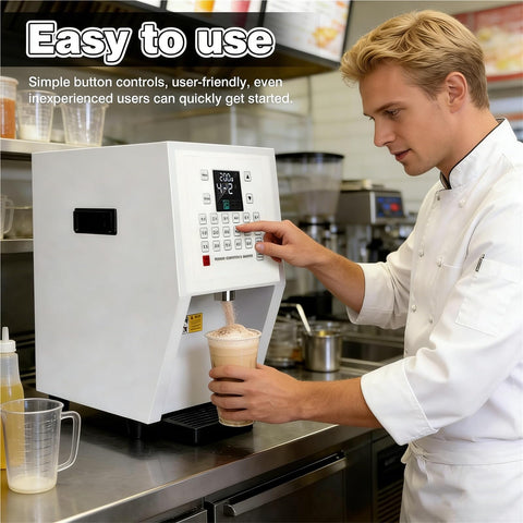 Person using 3.5L Digital Automatic Powder Dispenser With 17 Memory Presets for precision dosing in coffee bar.