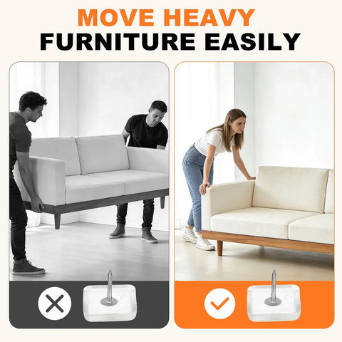 No Drama Nail On Sliders Tough Plastic Floor Savers Keeping Your Hardwood Floors Pristine displayed in use with sofa lifting.