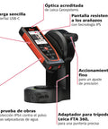 D5 Laser Distance Meter With Bluetooth 650 Ft Range Built In Pointfinder Camera 4X Zoom Remote Measuring Class 2 0.9mW Laser 635nm Wavelength Ideal For Pros Contractors And DIYers, orange and black handheld unit on tripod adapter