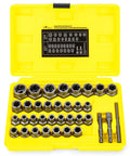 35-Piece Bolt Extractor Kit with One Quarter and Three Eighths Inch Drive open in yellow case