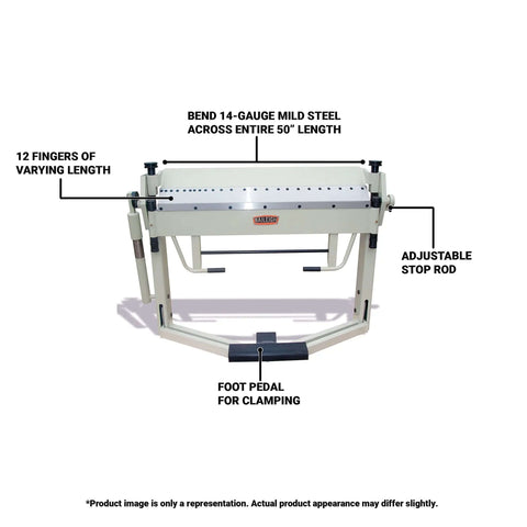 50 Inch Box And Pan Brake For 14 Gauge Mild Steel, features 12 fingers, adjustable stop rod, dual end knob controls, heavy duty metal bender