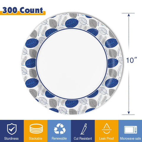 Front view of a 300 count 10 inch paper plate with leaf design, Bulk 300 Count 10 Inch Paper Plates Soak Proof And Cut Resistant Disposable Dinner