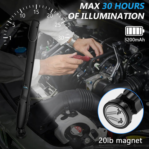 Two Pack Rechargeable LED Work Light 800 Lumens COB used for car repair, focusing on engine with 3200mAh battery indicator visible.